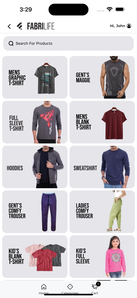 Fabrilife app interface displaying various apparel categories like hoodies sweatshirts and t-shirts for all ages