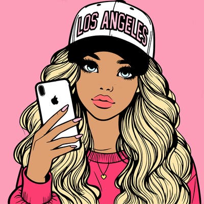 realistic beautiful girl wearing los ángeles cap holding an iphone