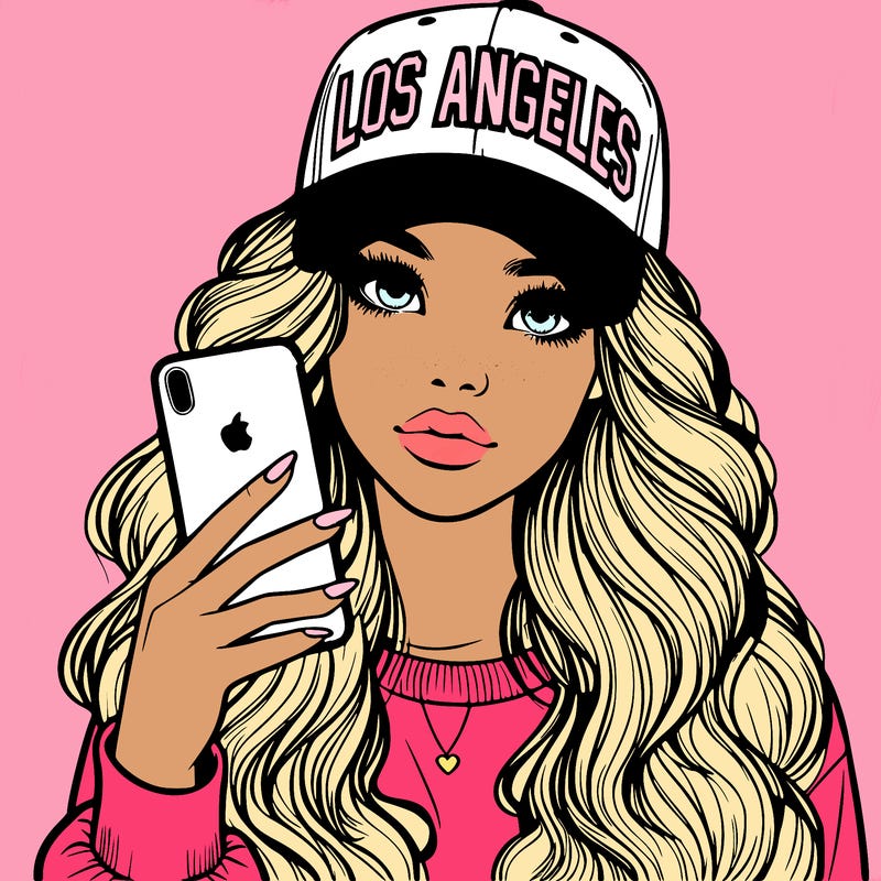 realistic beautiful girl wearing los ángeles cap holding an iphone