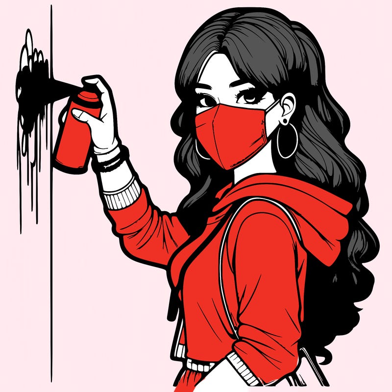 realistic girl with mask spray painting a wall