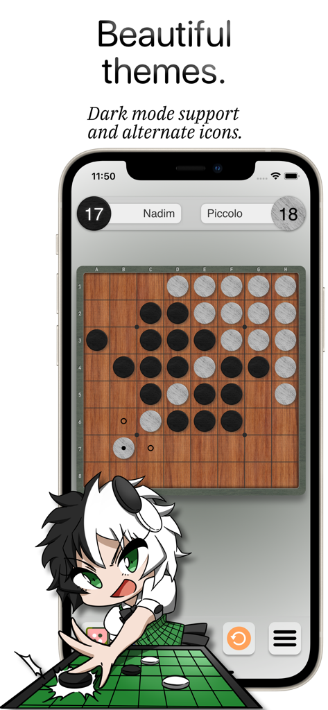Piccolo: Othello - iPhone에서 Piccolo Othello 게임의 스크린샷으로 나무 보드 테마와 치비 애니메이션 캐릭터가 표시됩니다.