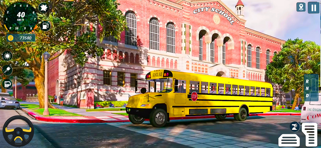 School Bus Driving Game 3D - Yellow school bus simulator gameplay showing a bus parked in front of a city school building