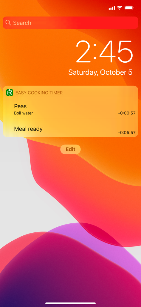 Easy Cooking Timer widget showing meal preparation countdowns on an iPhone lock screen