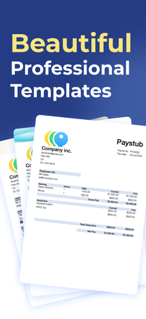 A preview of professional paystub templates available in the Paystub Maker app.