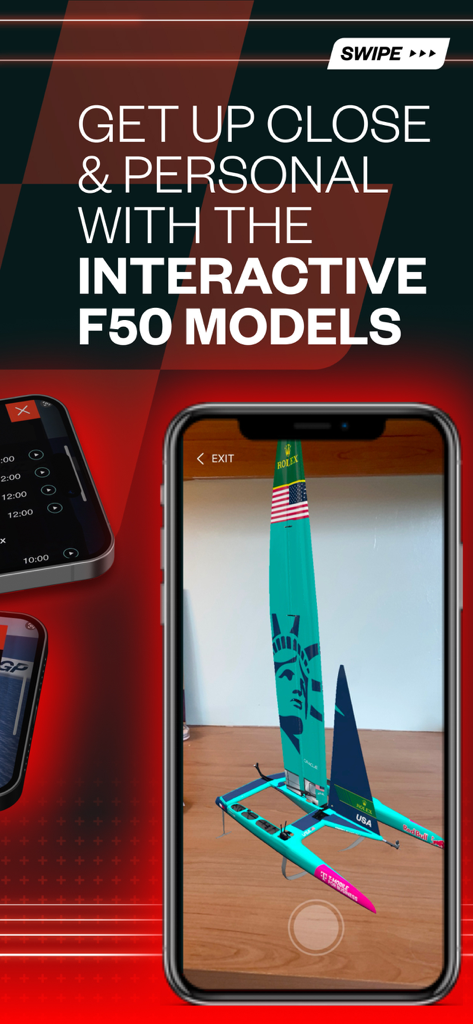 A smartphone screen displaying an interactive 3D augmented reality model of a SailGP F50 catamaran boat