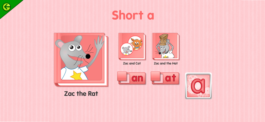 Interface do Starfall Aprenda a Ler apresentando atividades de fonética da vogal 'a' curta e livros do Rato Zac.