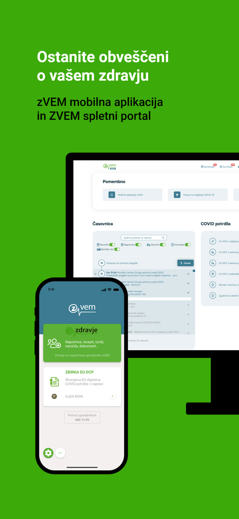 zVEM - Slovenian national e-Health app zVEM shown on both a mobile smartphone and a computer monitor screen