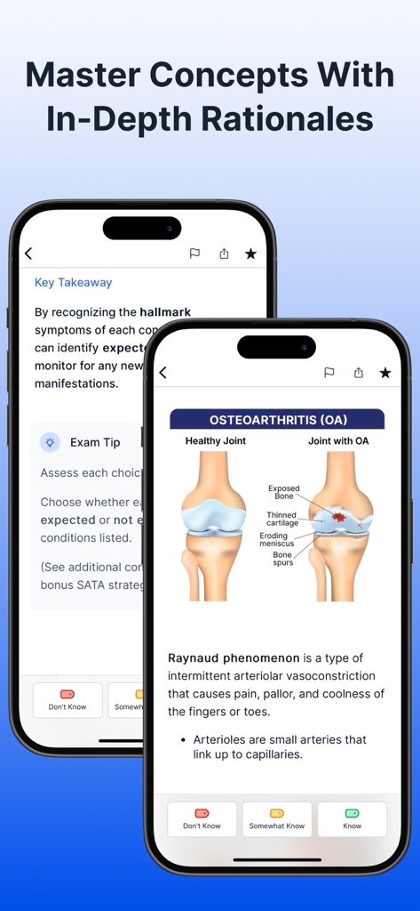 NCLEX PN Mastery Prep - 2026 - Interface do aplicativo NCLEX PN Mastery mostrando diagramas médicos e explicações detalhadas de estudo para estudantes de enfermagem.