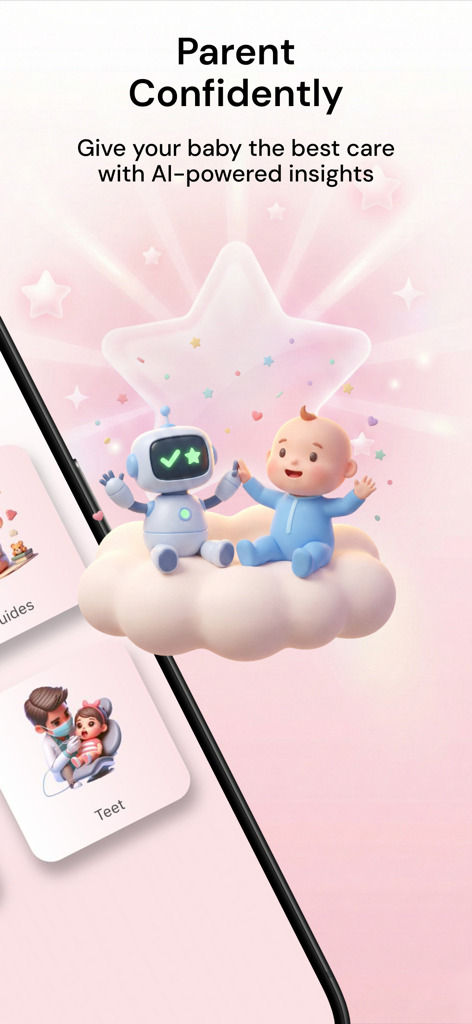 BabyNena: AI Baby Care - Ilustración 3D de un bebé y un robot en una nube con el texto Cría con confianza