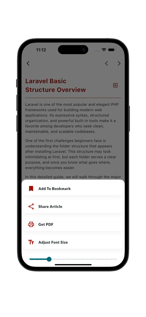 Learn Laravel - PHP - Oberfläche der Learn Laravel-App, die Artikelwerkzeuge wie Lesezeichen und Schrifteinstellungen anzeigt.