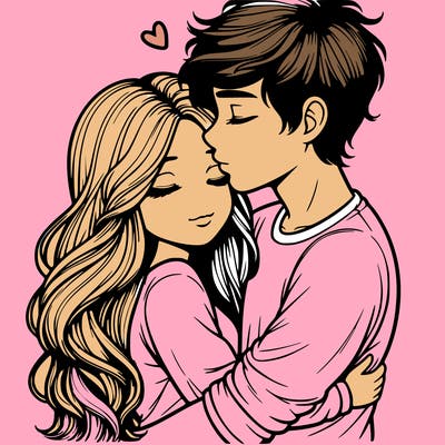 a realistic couple boy and girl hugging and kissing