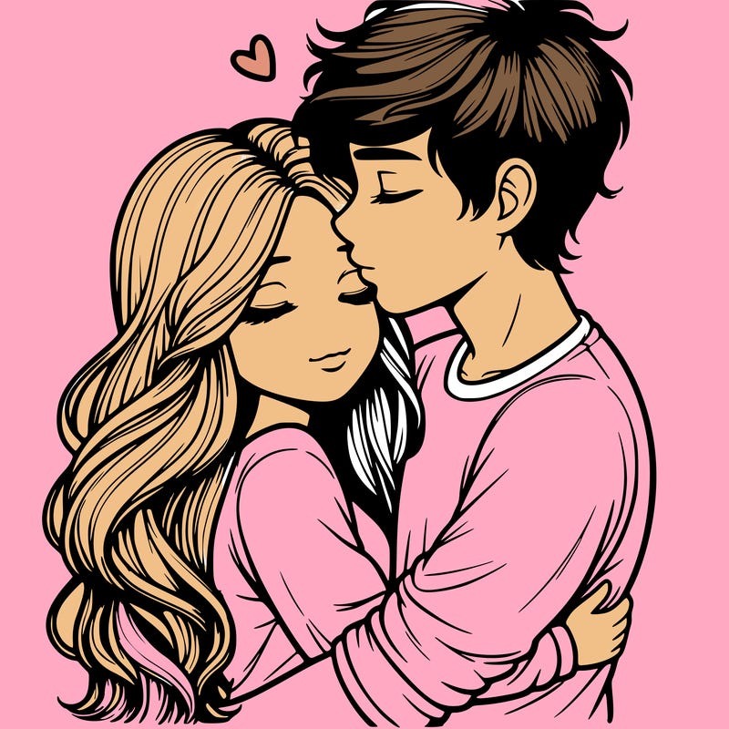a realistic couple boy and girl hugging and kissing