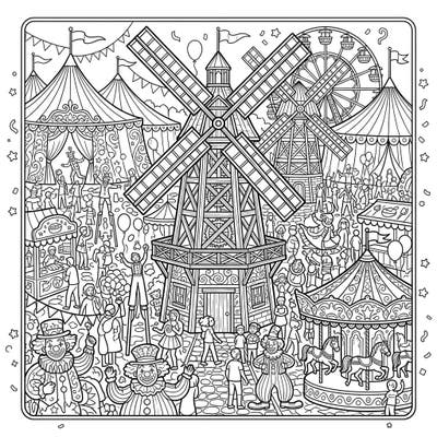 Experience the thrill of the fair with this detailed coloring page. Intricate wooden windmills stand tall amidst a bustling carnival scene filled with performers, rides, and joyful crowds.