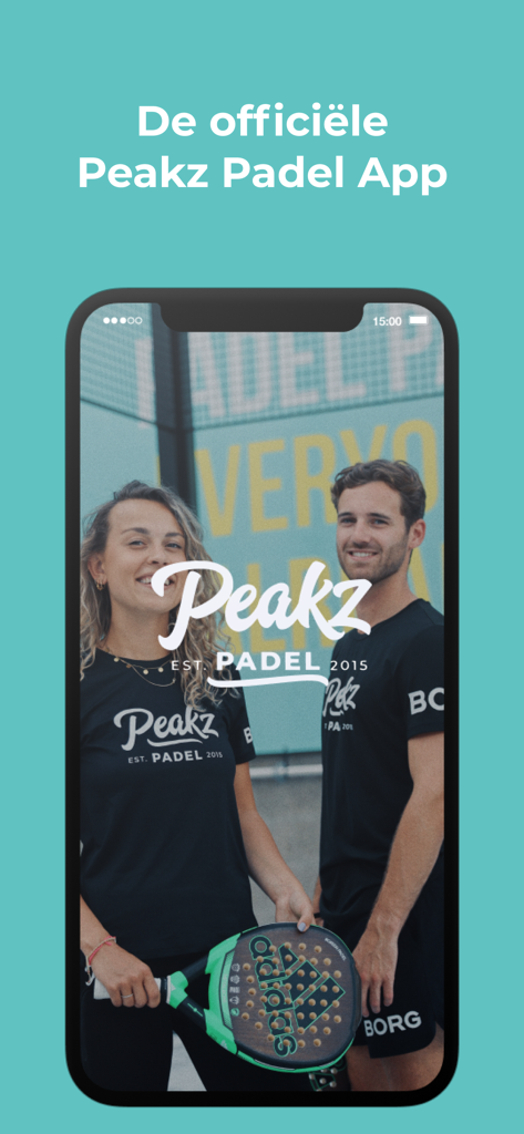 Peakz Padel - Two young padel players on the opening screen of the official Peakz Padel app