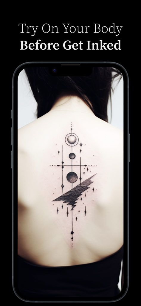 AI Tattoo Design Generator - Design de tatuagem geométrica visualizado nas costas de uma pessoa usando o aplicativo Gerador de Design de Tatuagem por IA