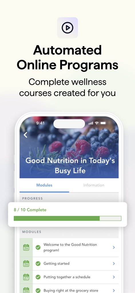 Healthie - Healthie app screenshot showing automated online wellness programs and course module progress