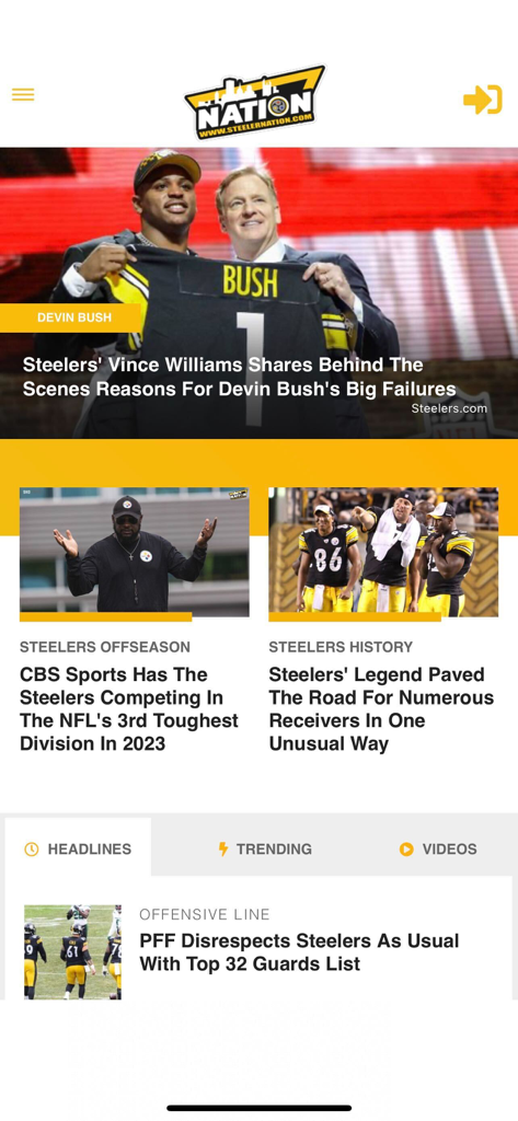 SteelerNation.com - Home screen of the SteelerNation app showing Pittsburgh Steelers news headlines and articles.