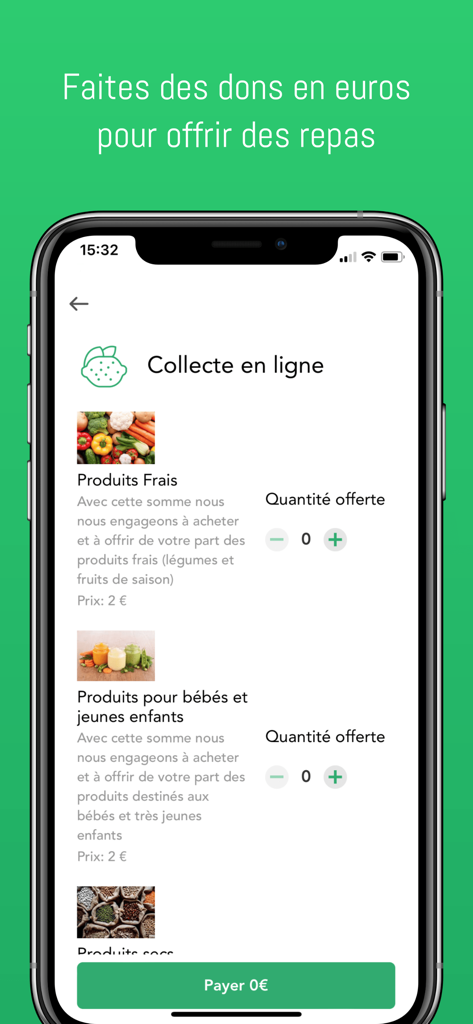 Ecrã da aplicação HopHopFood mostrando opções de doação online de alimentos frescos e produtos para bebé