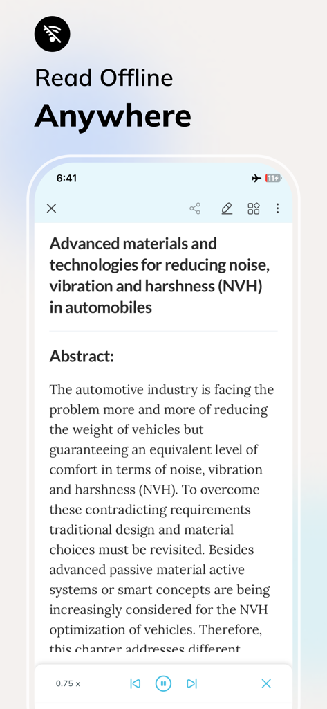 Interfaccia dell'app MyLOFT che mostra il titolo e l'abstract di un articolo di ricerca disponibile per la lettura offline e la riproduzione audio.