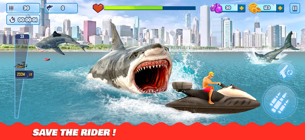 Shark Hunting Games: Sniper 3D - A giant shark attacking a man on a jet ski with a city skyline in the background