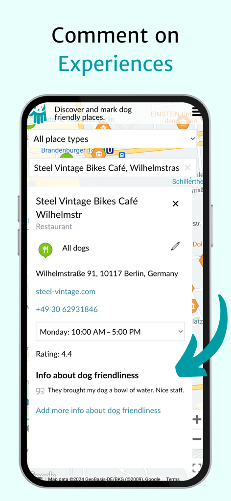 A screenshot of the DogMap app showing details for a cafe and a user comment about its dog friendliness.