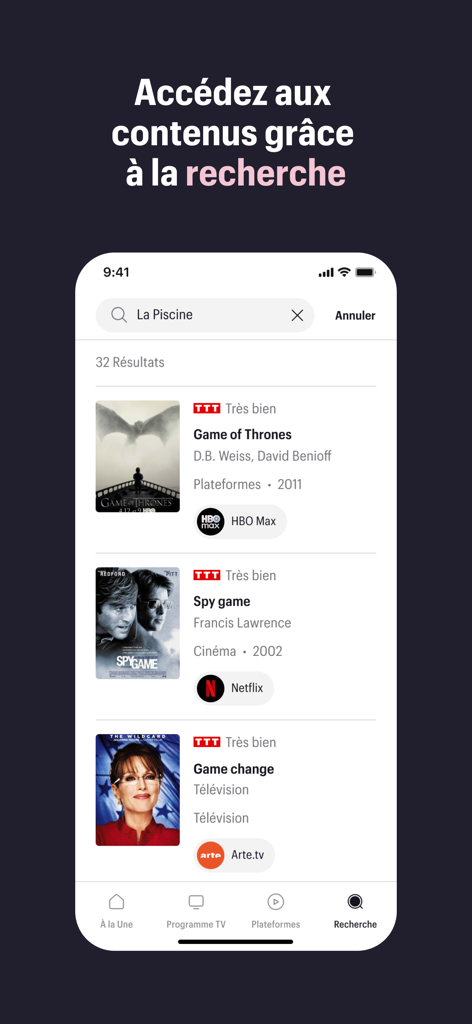 Captura de pantalla de la interfaz de búsqueda de la aplicación Telerama que muestra reseñas de películas y series con las calificaciones T distintivas.