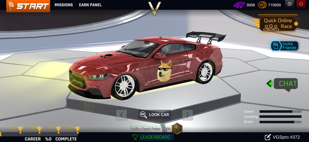 Online Drift Arena - A red sports car with a Doge meme sticker in the Online Drift Arena game garage menu