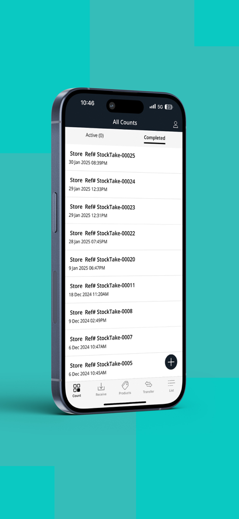 Inventory Scan by Hike - iPhone screen displaying a list of completed inventory stock take records in the Inventory Scan by Hike app