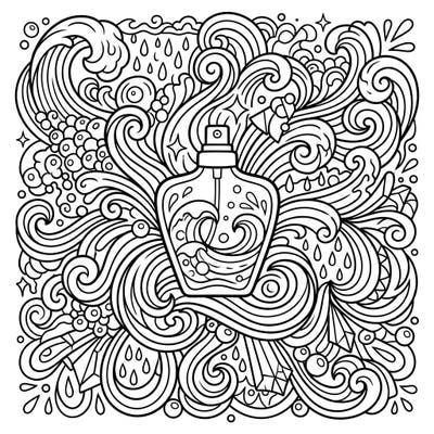 Immerse yourself in a world of fresh, clean scents with this captivating coloring page featuring an aquatic fragrance bottle surrounded by intricate water elements. Designed for teens, it offers a challenging yet relaxing artistic escape.