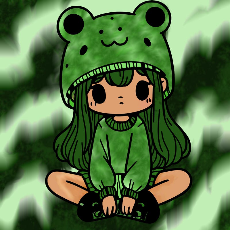 a girl wearing a frog hat and some frog socks