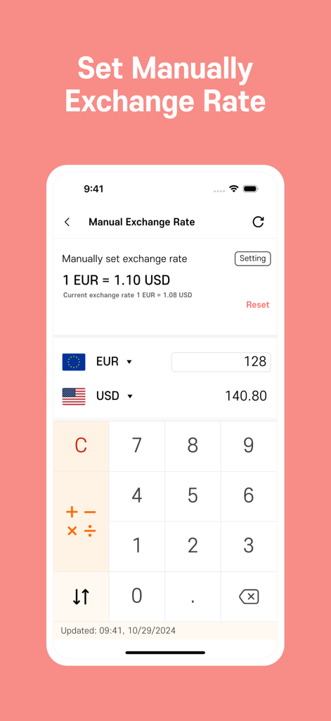 Currency Converter NOW+ - Interfaz para establecer manualmente un tipo de cambio de divisa personalizado entre Euro y Dólar estadounidense