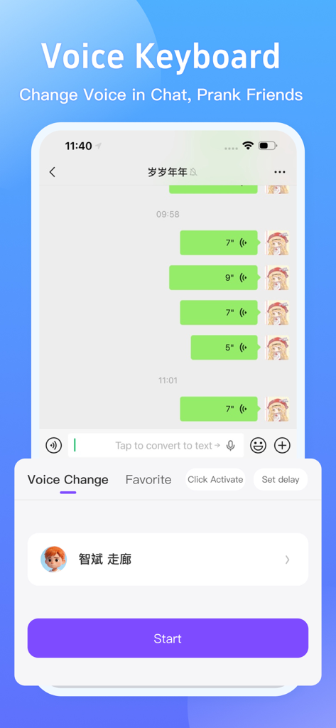 Voice Changer For Calls Plus - Voice Changer For Calls Plus app interface showing the Voice Keyboard feature for changing voices in chat and pranking friends