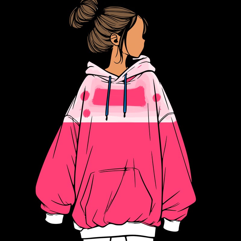 realistic girl with a oversized sweatshirt on and a bun