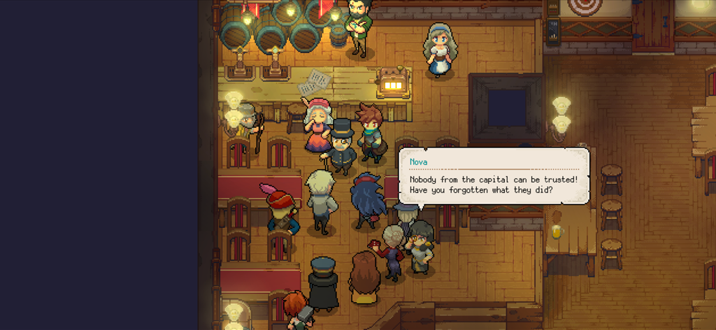 Potion Permit - Pixel art dialogue scene in a tavern from Potion Permit where a character named Nova expresses distrust.