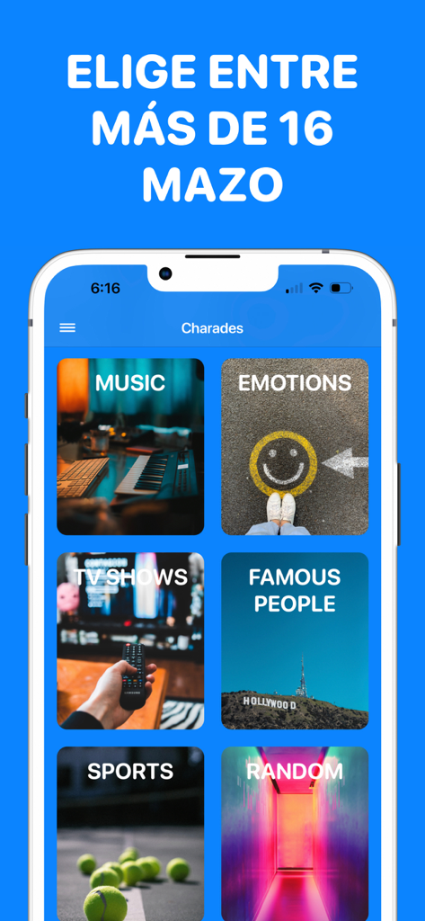 Charades Spanish app interface showing diverse game categories like music emotions and sports