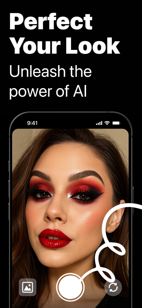 Makeup Removal AI - Smartphone screen showing a woman with bold red AI makeup applied through the app interface
