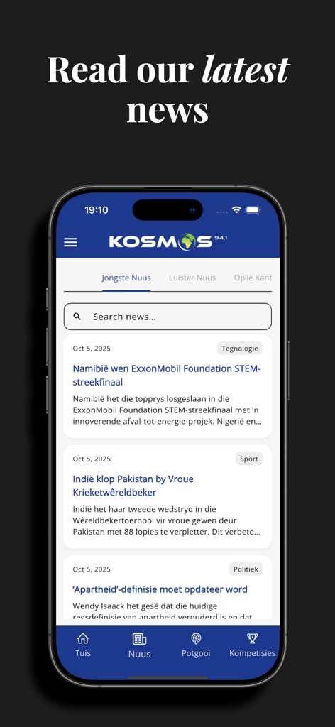 Kosmos 94.1 - Kosmos 94.1 app news screen featuring latest headlines in Afrikaans