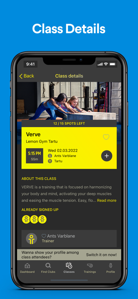 Lemon gym Lithuania - Interface do aplicativo móvel Lemon Gym mostrando detalhes de uma aula de fitness Verve, incluindo nome do treinador e horário do treino