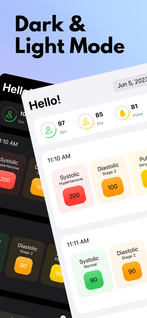 Blood Pressure Tracker° - Interfaz de la aplicación Rastreador de Presión Arterial mostrando lecturas sistólicas y diastólicas en modos oscuro y claro
