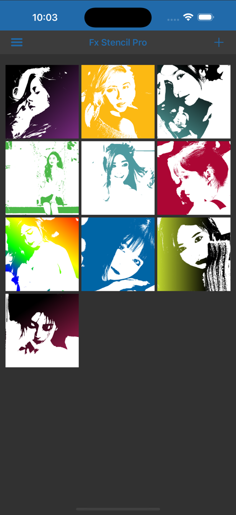 A gallery showing multiple colorful portrait stencils in the Fx Stencil Pro app.