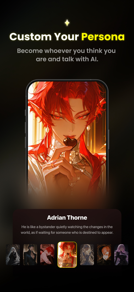 A screen from the Emochi app showing the persona customization interface with a red-haired anime character named Adrian Thorne.