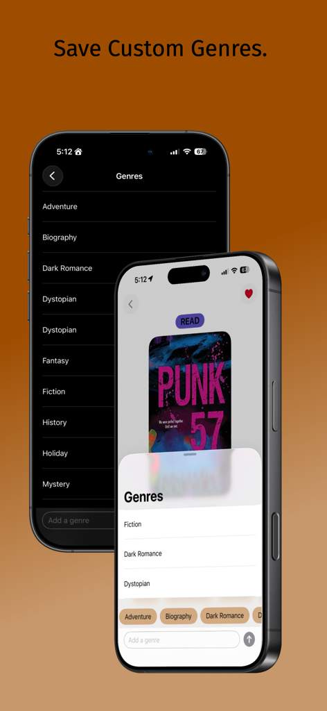SpiceRack - SpiceRack app interface showing a list of book genres and the option to add custom ones for a reading library