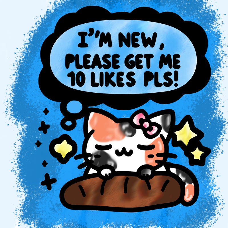 kitty taking a nap dream talking and saying "i'm new, please get me at least 10 likes pls!!"