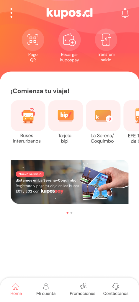 kupos - Home screen of the kupos app displaying travel options for interurban buses, trains, and digital wallet services.
