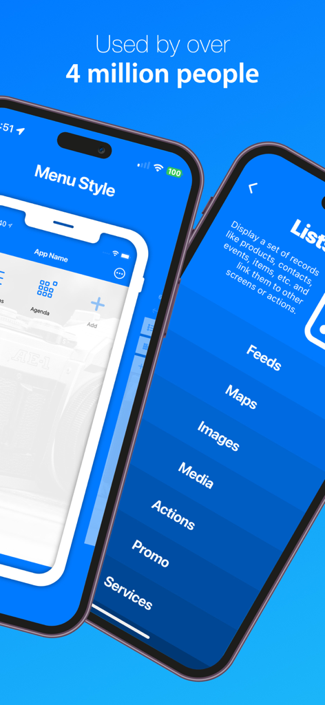 App Studio: Create an app - App Studio mobile interface showing no-code app building features and customization options