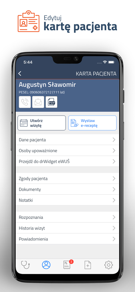 MyDr EDM - User interface of the MyDr EDM app displaying a patient card with medical record options.
