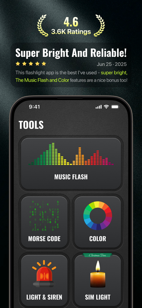 Flashlight App Werkzeuge-Menü zeigt Musik-Blitz, Morsecode, Farbwähler und Notfall-Sirenen-Funktionen