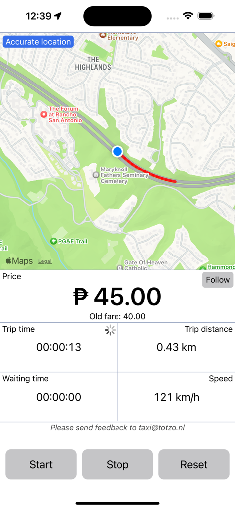 Manila Taxi-meter - Manila Taxi-meter app screen showing real-time GPS route tracking and estimated taxi fare.