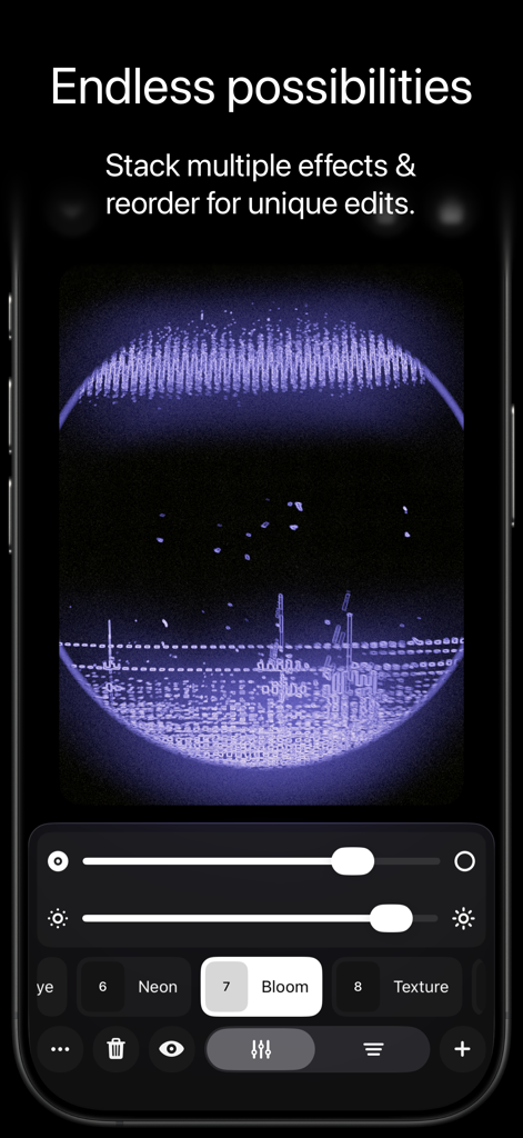 West - Photo & Video Editor - iPhone screen showing West app interface for stacking multiple photo effects and sliders for adjustments