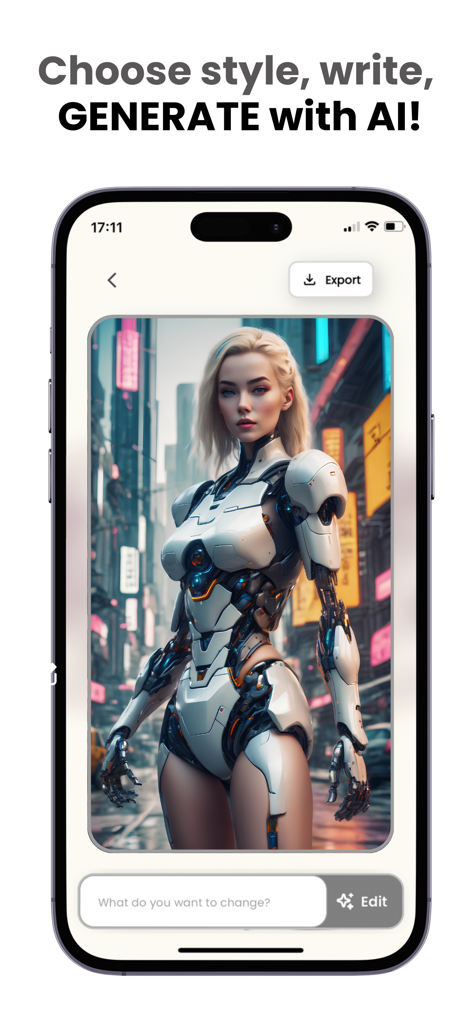 Interfaz de la aplicación móvil Stockimg AI mostrando una imagen generada de alta resolución de un cyborg futurista en una ciudad ciberpunk.